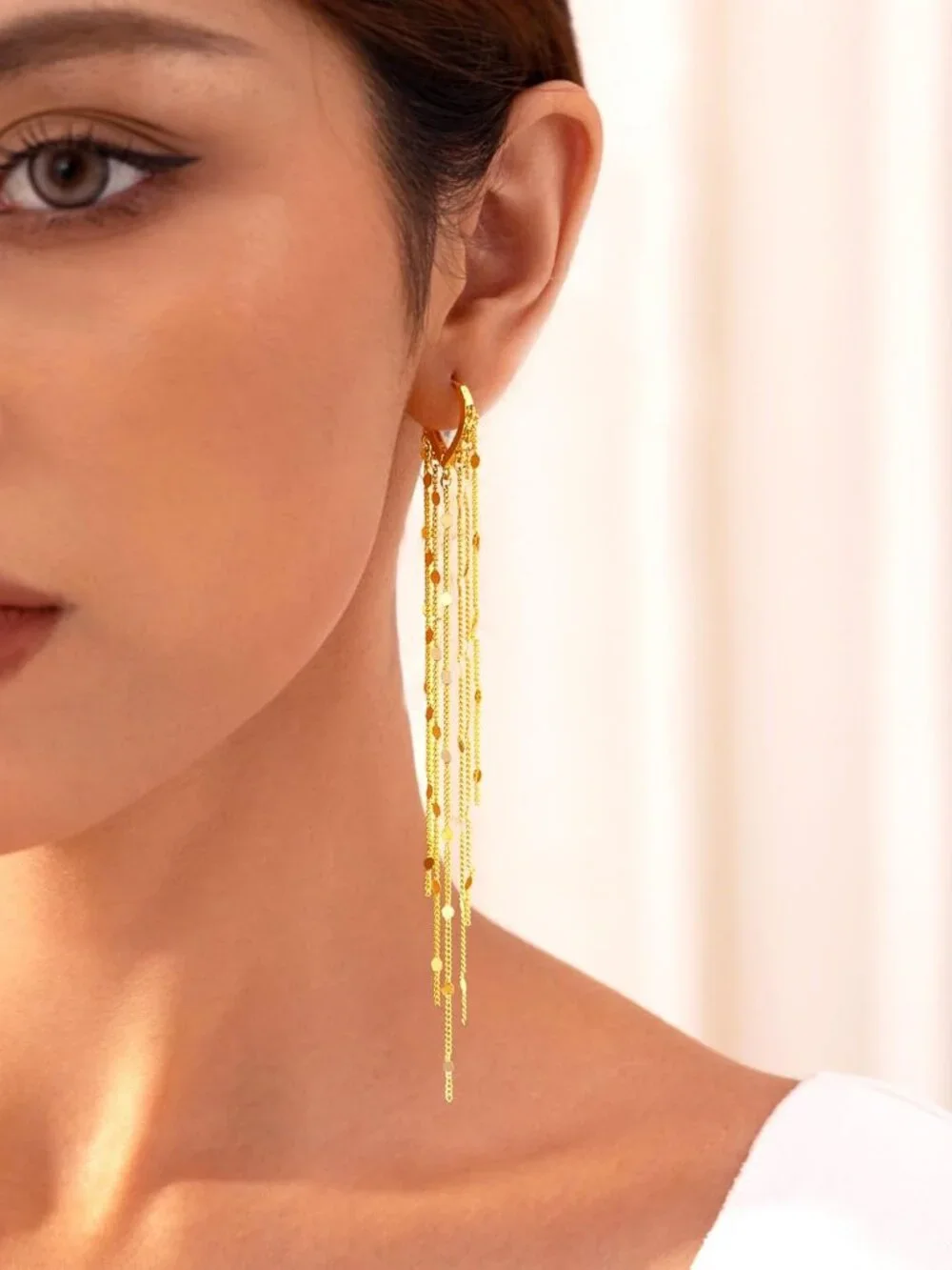 Gold Long Prom Earrings for Women, 14K Gold Plated Pearl Dangle Drop and Chain T - Picture 4 of 8